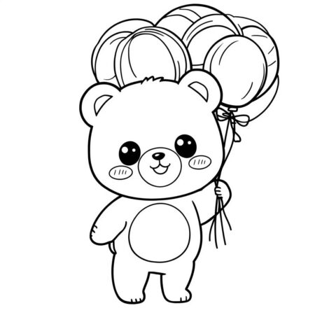 Urso Kawaii com Baloes (Desenho para Colorir)
